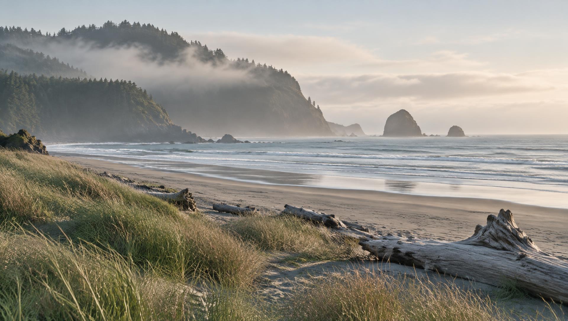 Morning mist over an Oregon coast beach with sea grass and driftwood